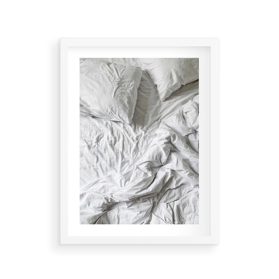 Plakat w ramie 30x40 - Biała Pościel na Łóżku - biała pościel, łóżko - rama biała
