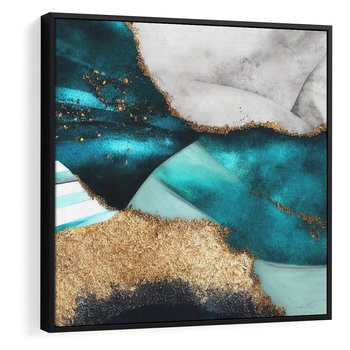 Obraz w ramie 50x50 - Rozlane Turkusy - Turkusowe plamy, złote elementy - rama czarna