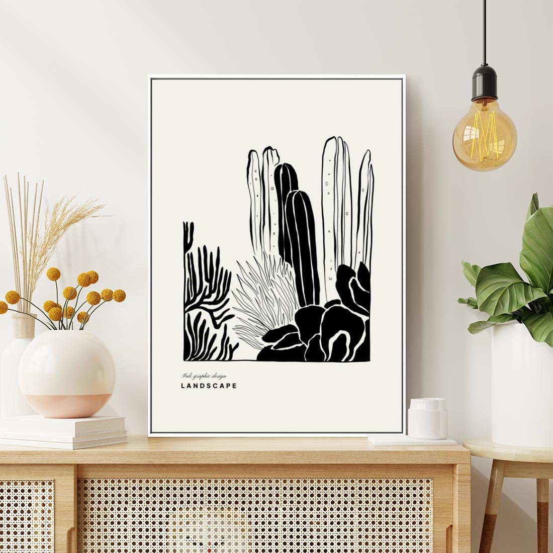 Obraz w ramie 50x70 - Boho Oaza - kaktusy, rośliny - rama biała