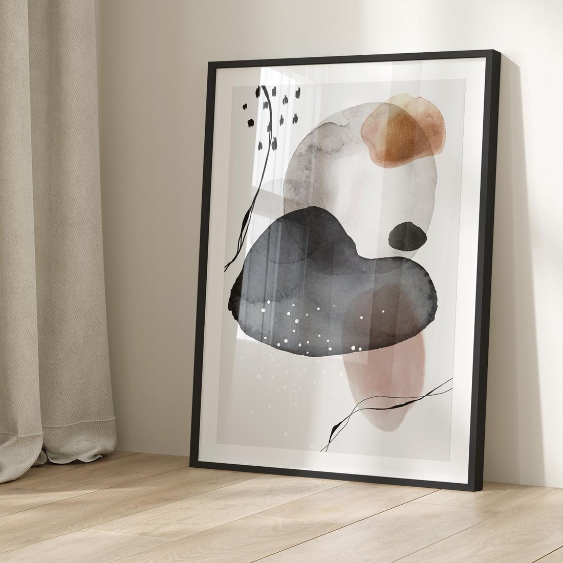 Plakat w ramie 30x40 - Impresje Harmonii - abstrakcyjne plamy akwarelowe, czarny szkic - rama czarna