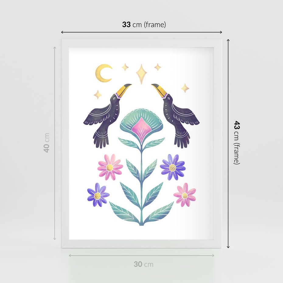 Plakat w ramie 30x40 - Przenikająca Dżungla - boho plakat, tukany - rama biała