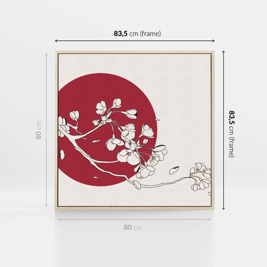 Obraz w ramie 80x80 - Esencja Zen - kwiatnąca wiśnia, orientalna grafika - rama drewno