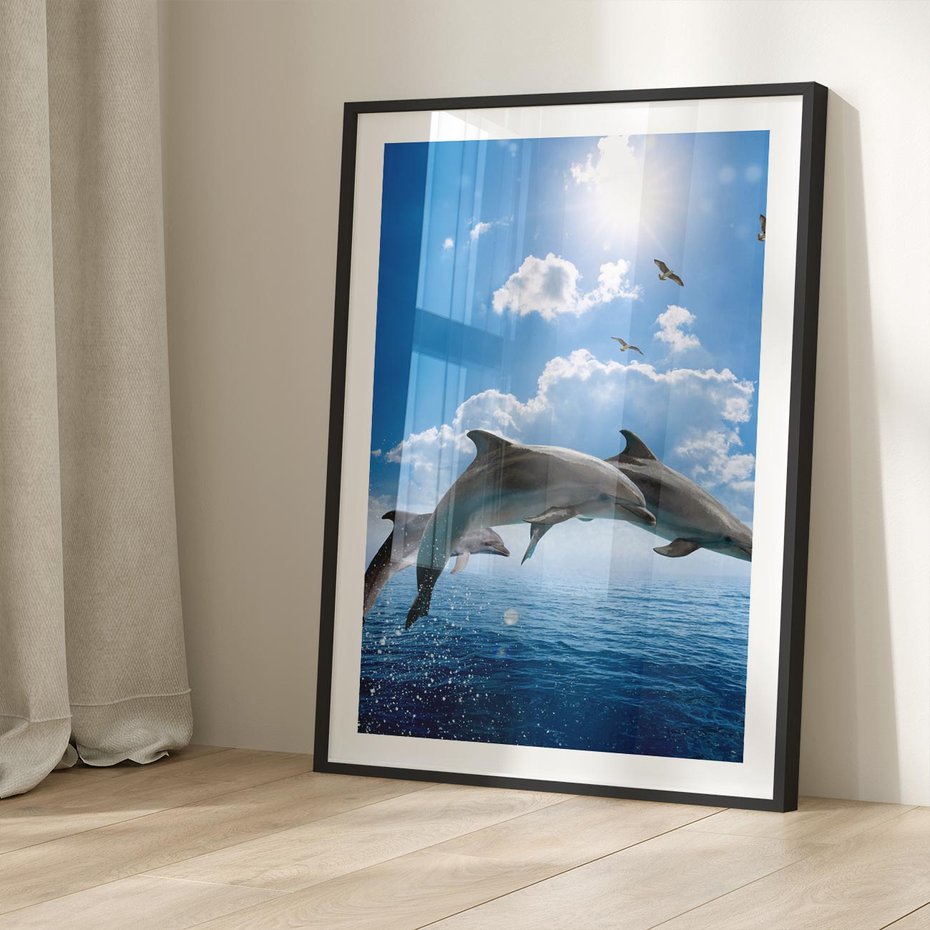 Plakat w ramie 40x50 - Spotkanie z naturą - morze, delfiny - rama czarna