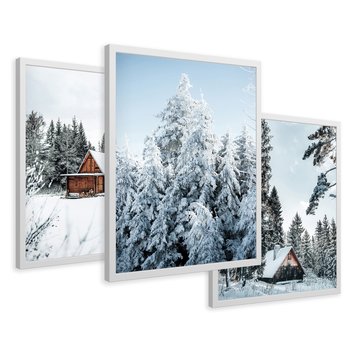 Zestaw obrazy w ramie 50x70 galeria - Las, zima, domki, śnieg - rama biała