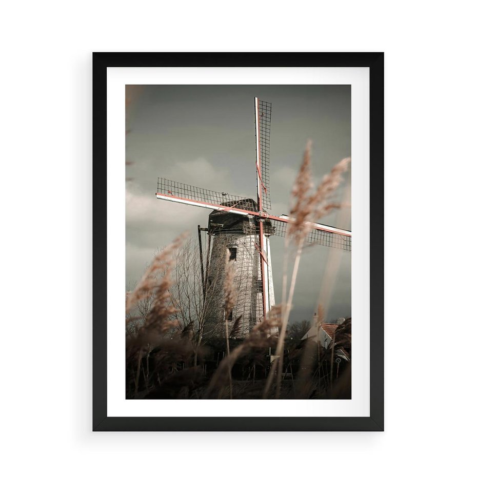 Plakat w ramie 50x70 - Wiejska Idylla: Młyn w Polu - wiatrak, młyn w polu - rama czarna
