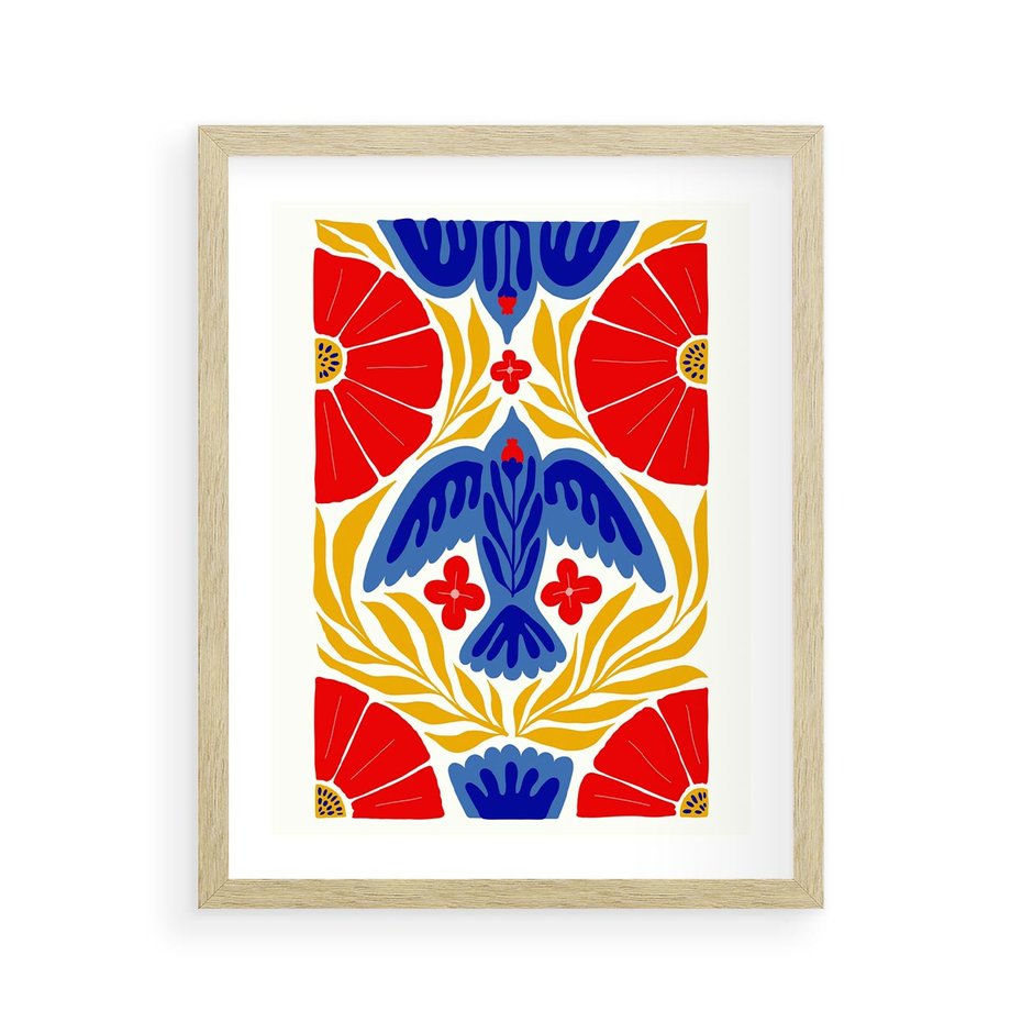 Plakat w ramie 40x50 - Eklektyczny Majestat - wyrazista grafika, mocne kolory czerwień niebieski żółty - rama drewno