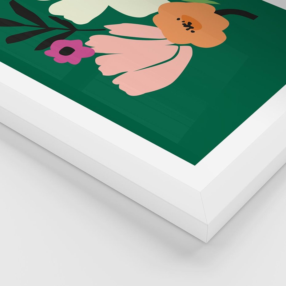 Plakat w ramie 50x70 - Rozbijające Echa - abstrakcyjne kwiaty, zielone tło - rama biała