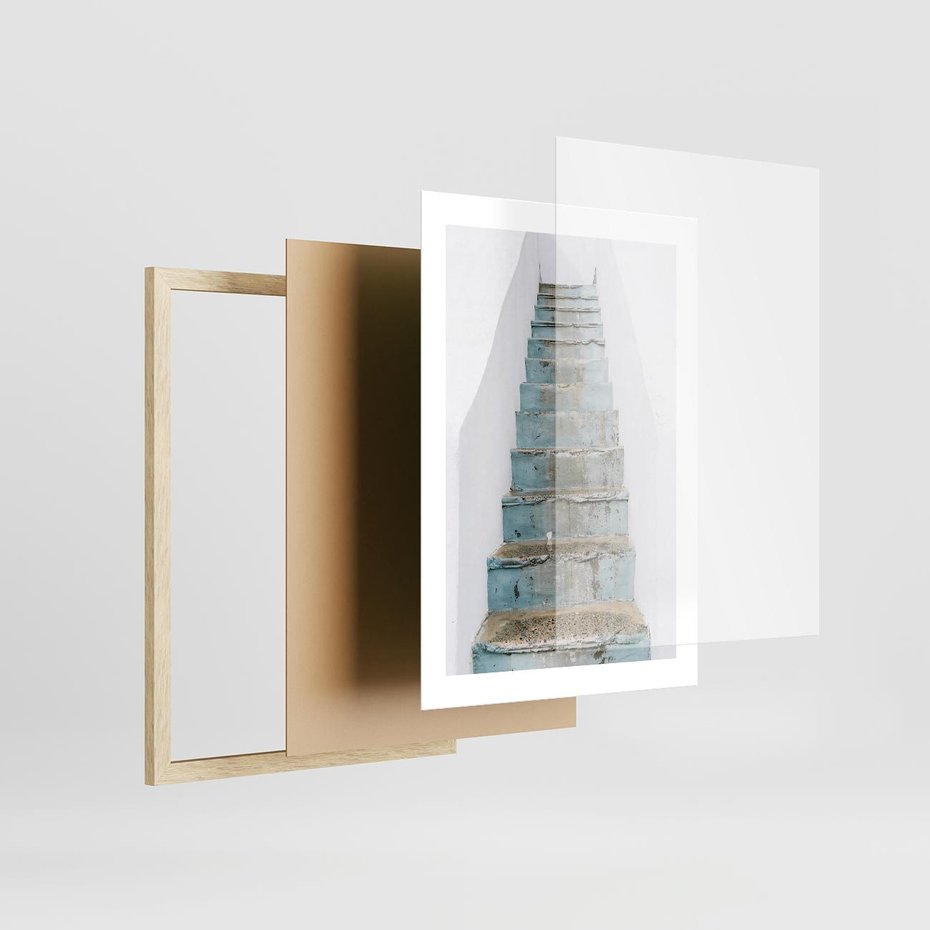 Plakat w ramie 30x40 - Niebieskie Schody Santorini - stare kamienne schody, niebieskie schody - rama drewno