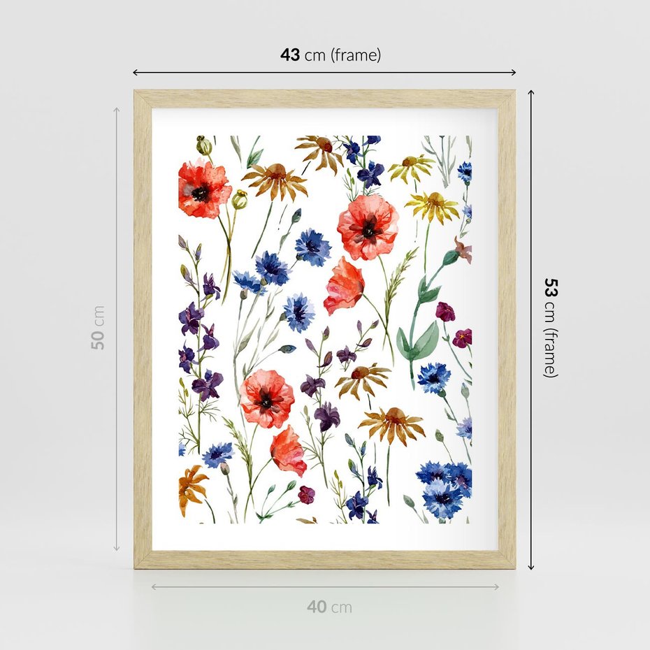 Plakat w ramie 40x50 - Kwiatowe radości na łące - kwiaty, łączka - rama drewno