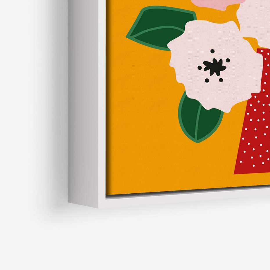 Obraz w ramie 80x80 - Harmonijne Granice - abstrakcyjne kwiaty, żółte tło - rama biała