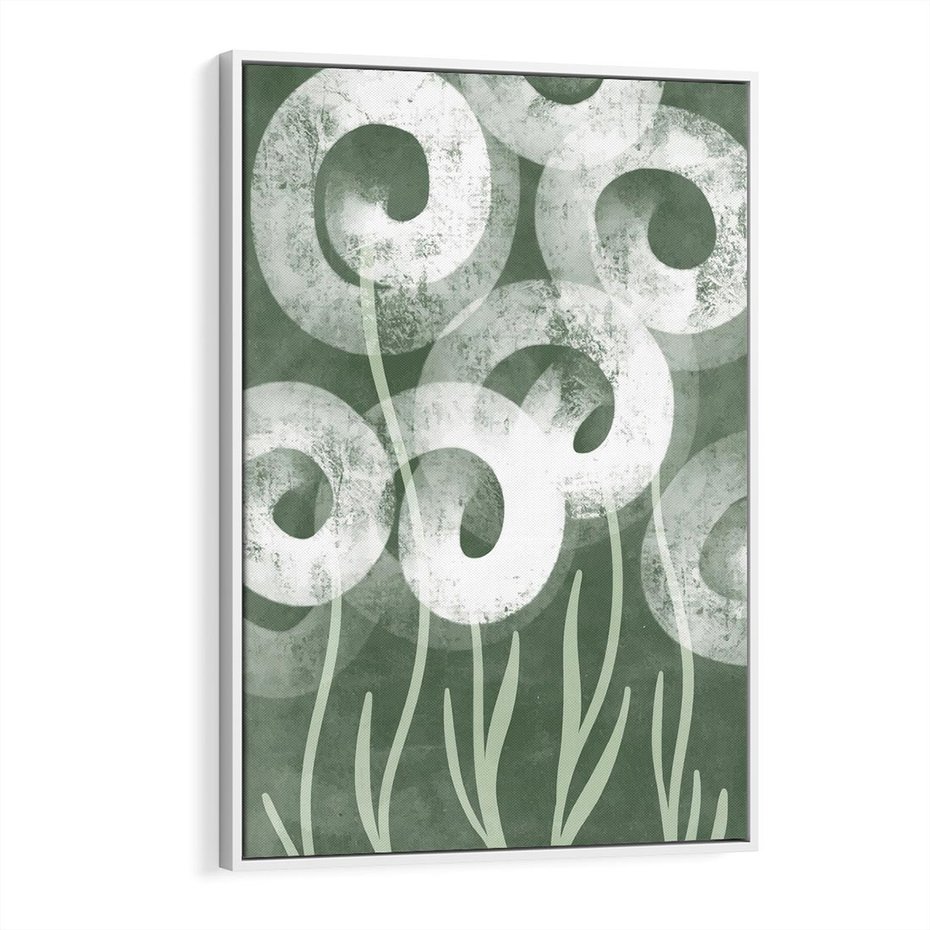 Obraz w ramie 50x70 - Spokojne Plamy Natury - zielony plakat, roślinne motywy - rama biała