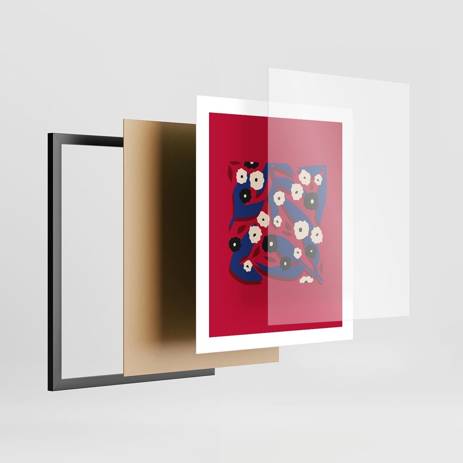 Plakat w ramie 40x50 - Kolorowe Przenikanie - abstrakcyjna kwiatowa kompozycja, czerwone mocne tło - rama czarna