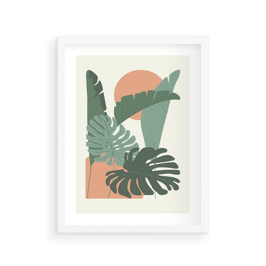 Plakat w ramie 30x40 - Abstrakcyjne Tropiki - liście, rośliny tropikalne w graficznym stylu - rama biała