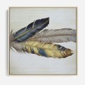 Obraz w ramie 80x80 - Granatowo-Złote Pióra - sztuka, granatowe i złote pióra - rama drewno