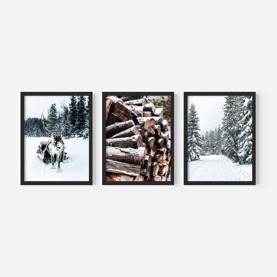 Zestaw obrazy w ramie 50x70 galeria - Zima, las, renifer, krajobraz - rama czarna
