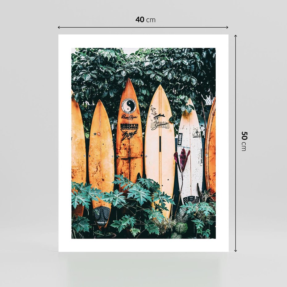 Plakat bez ramy 40x50 - Surfowanie w Harmonii z Naturą - deski surfingowe, oparte o rośliny