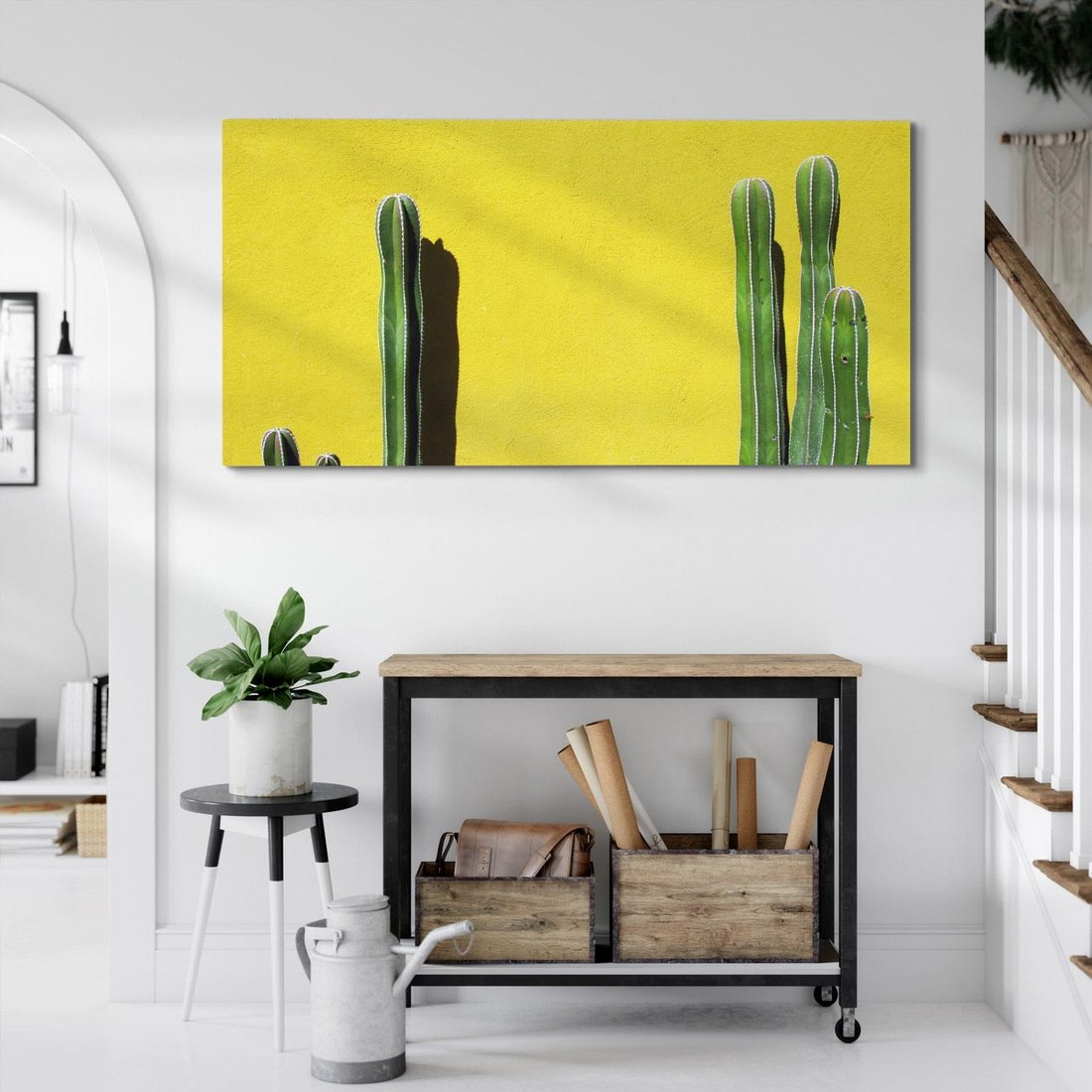 Obraz na płótnie 120x60 - Refleksje w roślinnym odbiciu - zielone kaktusy na tle żółtej ściany, soczyste kolory