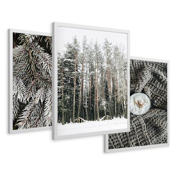 Zestaw obrazy w ramie 30x40 galeria - Las, zima, kawa - rama biała