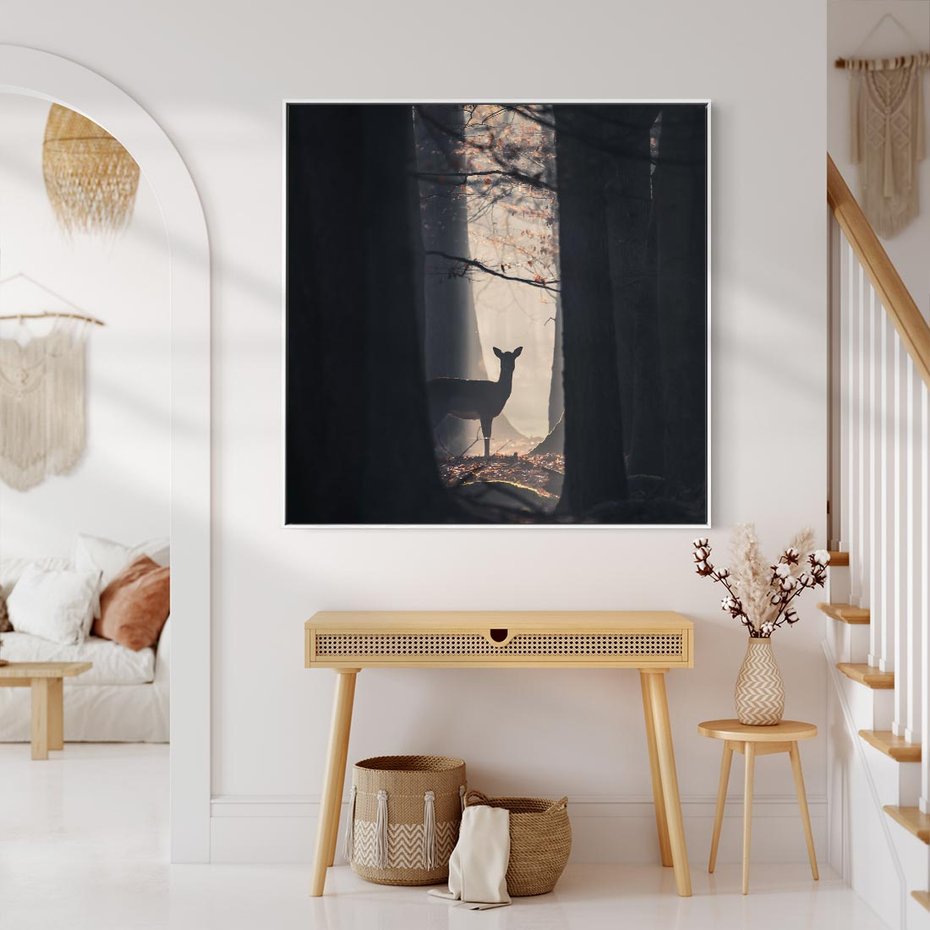 Obraz w ramie 50x50 - Sarnie Skoki - zdjęcie, klimatyczny las - rama biała