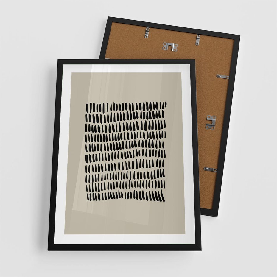 Plakat w ramie 50x70 - Energetyczne Pulsacje Nowości - boho plakat, czarne kropki kreski - rama czarna