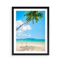 Plakat w ramie 50x70 - Hawajska palma i huśtawka na plaży - palma, huśtawka - rama czarna