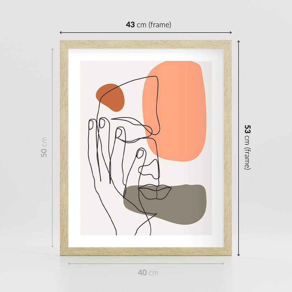 Plakat w ramie 40x50 - Ekspresja Kolorów: Szkic - one line szkic twarzy, kolorowe plamy - rama drewno