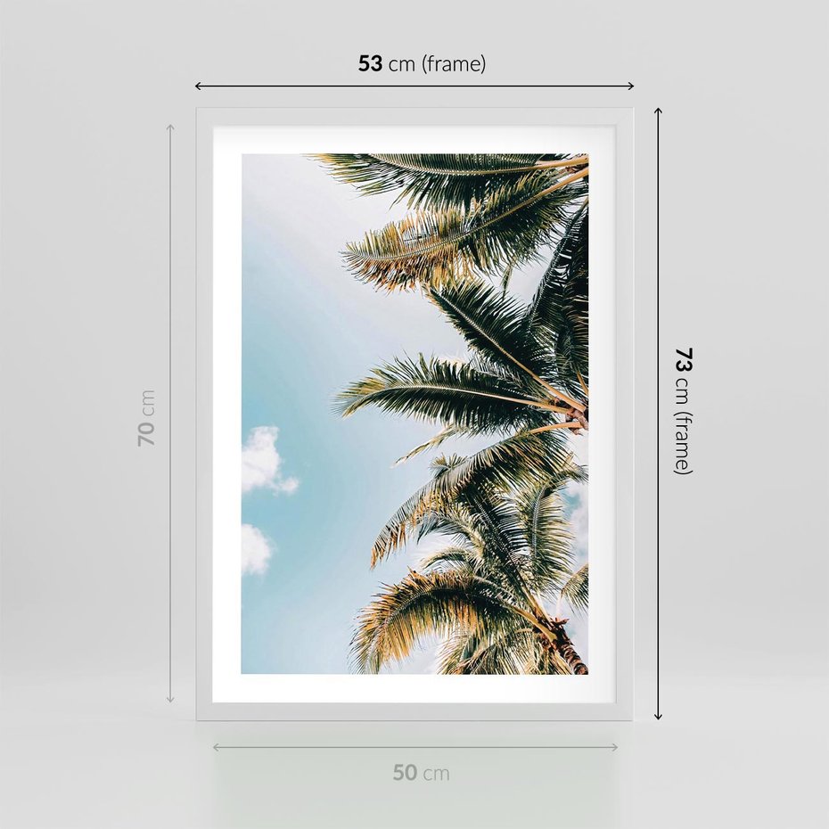 Plakat w ramie 50x70 - Pod Błękitnym Niebem - palmy, ujęcie z dołu - rama biała