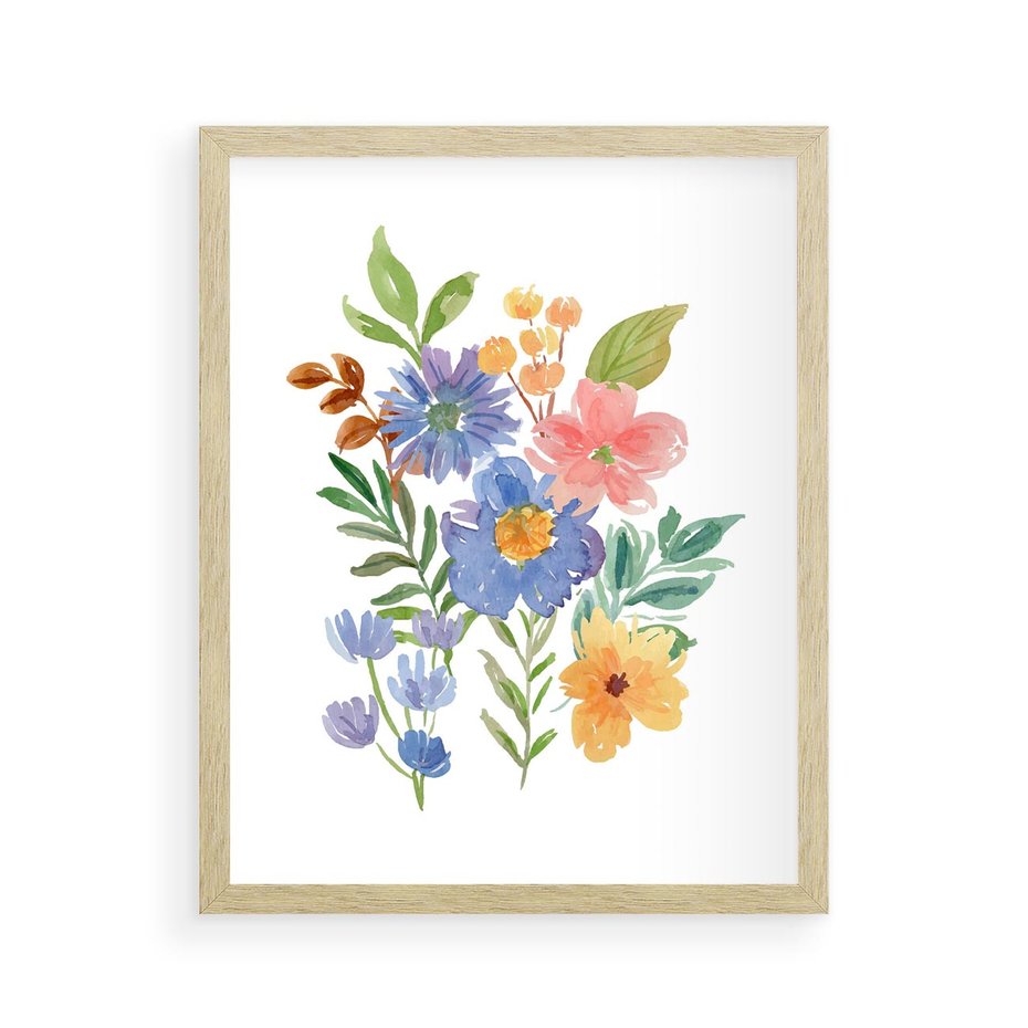 Plakat w ramie 40x50 - Kwiatowe Opowieści - akwarelowe polne kwiaty, minimalistyczna sztuka - rama drewno