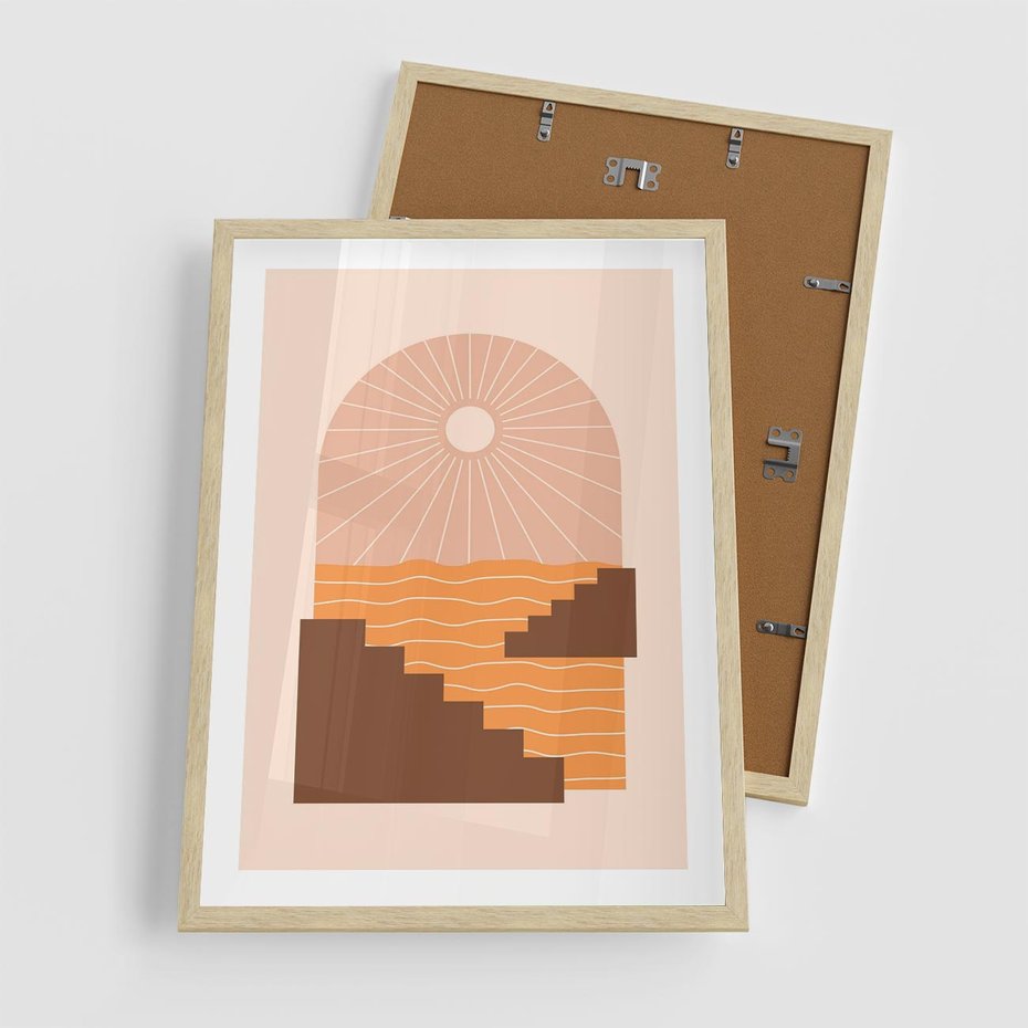 Plakat w ramie 50x70 - Słoneczne Inspiracje w Stylu Boho - boho grafika, słońce - rama drewno