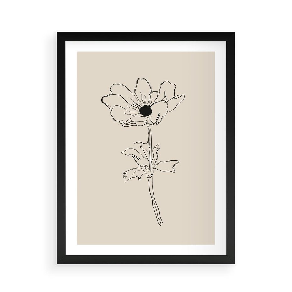 Plakat w ramie 50x70 - Przenikający Dialog - szkic kwiatu, mnimalistyczny szkic - rama czarna