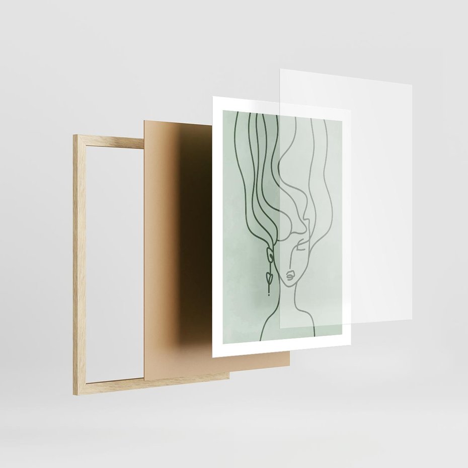 Plakat w ramie 50x70 - Spokojne Objęcia Natury - abstrakcja, zielony szkic - rama drewno