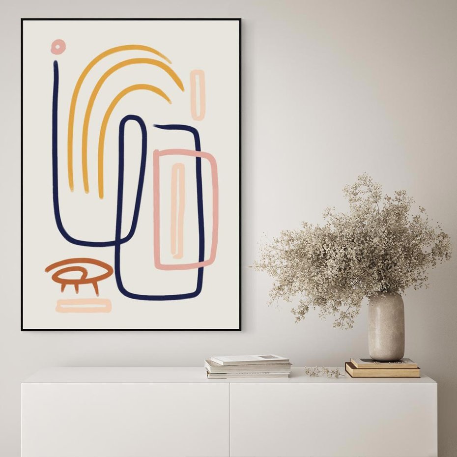 Obraz w ramie 50x70 - Abstrakcyjne Mrugnięcie - abstrakcja w stylu picasso, beżowe tło - rama czarna