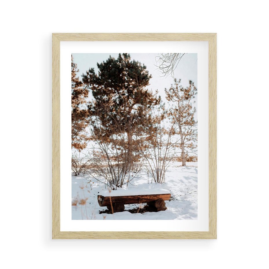 Plakat w ramie 40x50 - Ławka Pod Śniegiem - zimowy pejzaż, ławka pod śniegiem - rama drewno