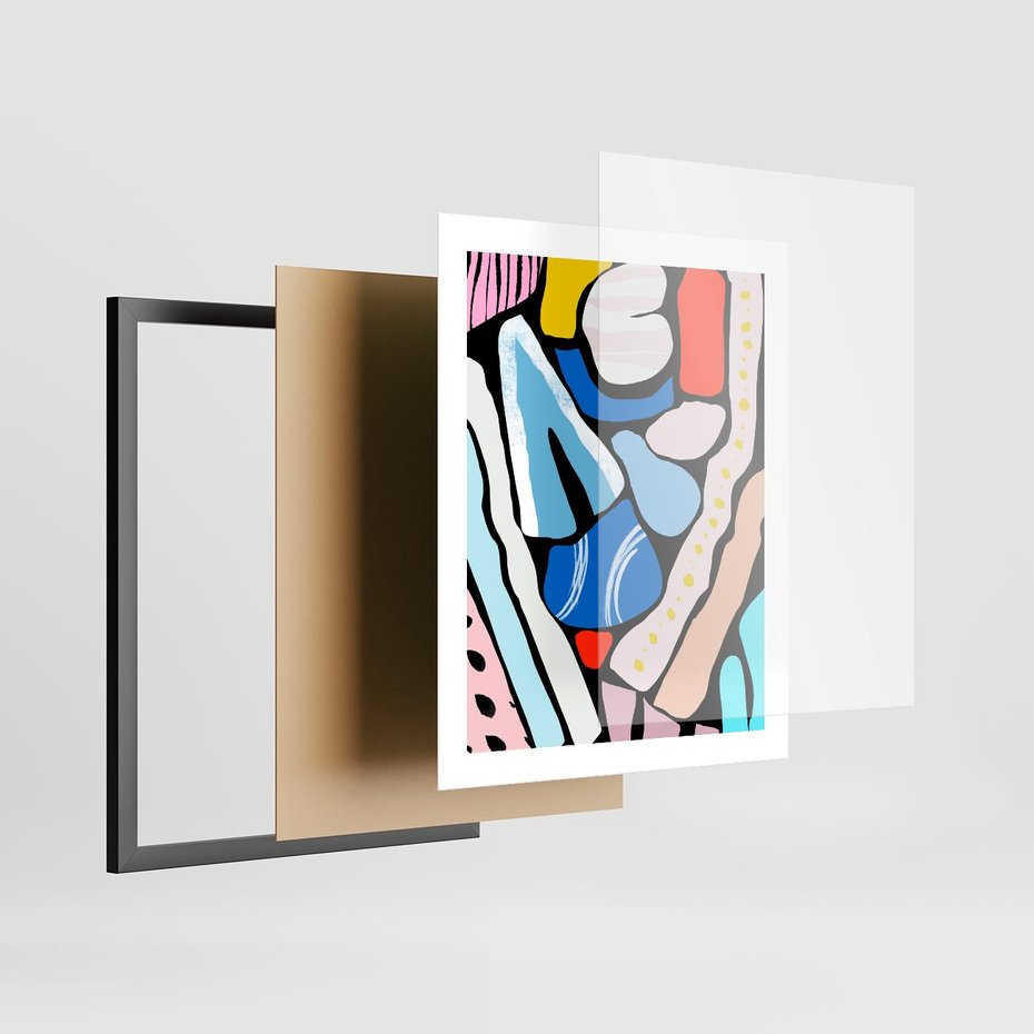 Plakat w ramie 40x50 - Kolory Na Czerni - abstrakcyjne formy, komiksowy styl - rama czarna