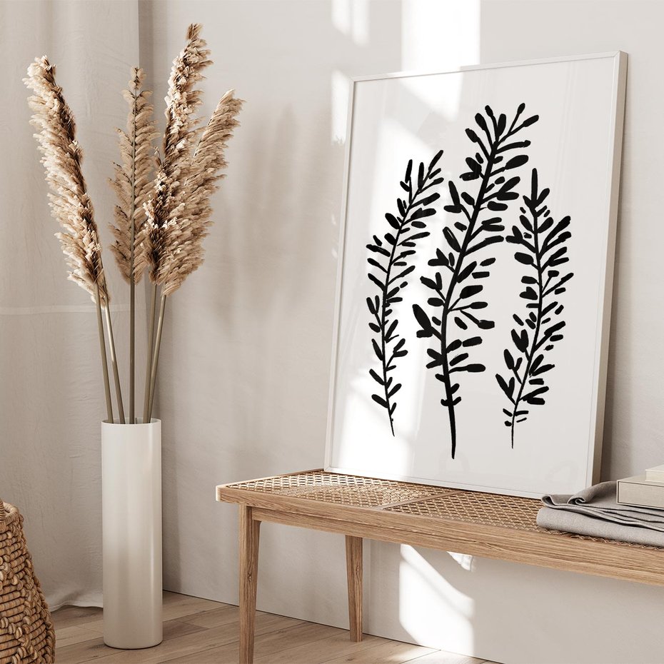 Plakat w ramie 40x50 - Spokojne Wiatrem Uginane - szkic, czarno biały - rama biała