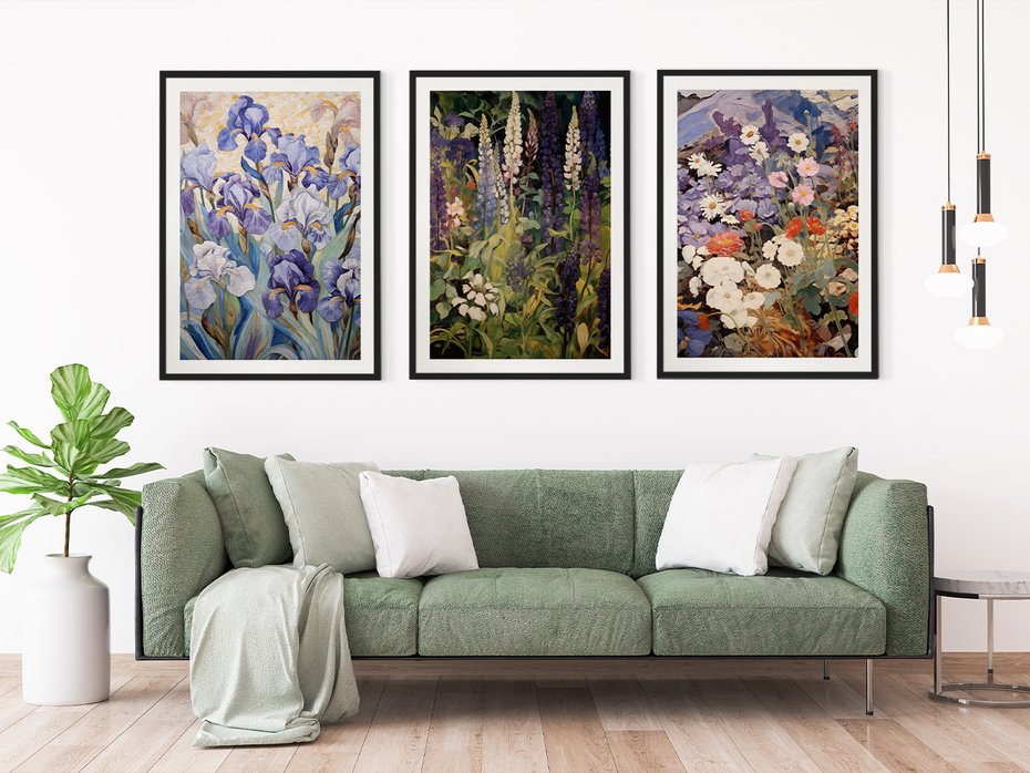 Zestaw obrazy w ramie 50x70 galeria - kwiaty, łąka, akwarela, irys, boho - rama czarna