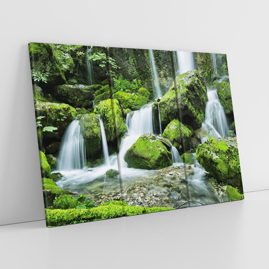 Obraz na płótnie 120x80 - Spokojny wodospad w lesie nad rzeką - wodospad, las
