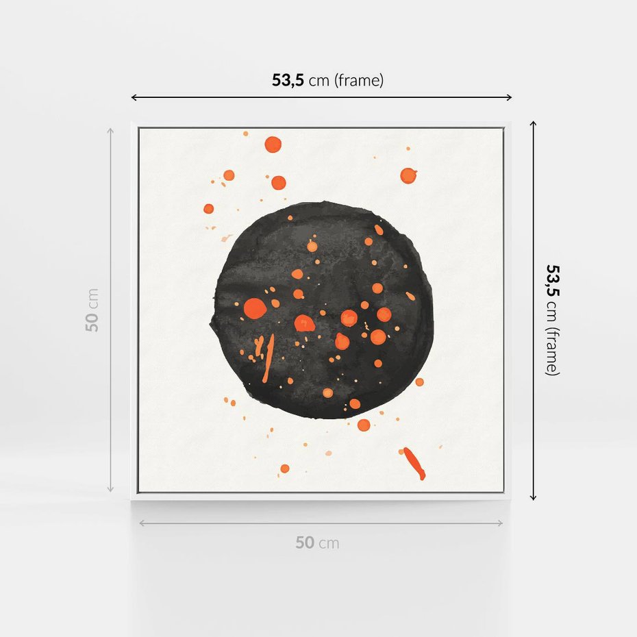 Obraz w ramie 50x50 - Impulsy Kreatywności - abstrakcyjna czarna plama, rozsiane pomarańczowe kropki - rama biała