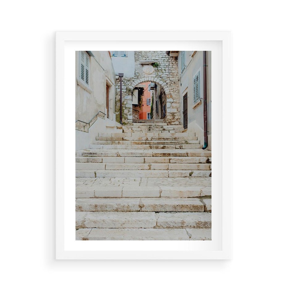 Plakat w ramie 50x70 - Schody we Włoskim Miasteczku - schody, śródziemnomorskie miasteczko - rama biała