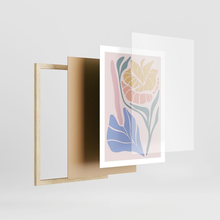 Plakat w ramie 50x70 - Kwiatowe Granice Kształtów - nowoczesny plakat, kwiaty w pastelowych kolorach - rama drewno