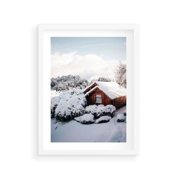 Plakat w ramie 50x70 - Zimowa Idylla w Górach - zima w górach, ośnieżone góry - rama biała