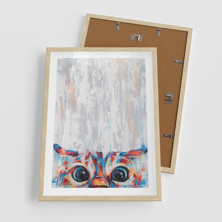 Plakat w ramie 50x70 - Co ja Widzę - obraz olejny, śmieszny obraz kota - rama drewno