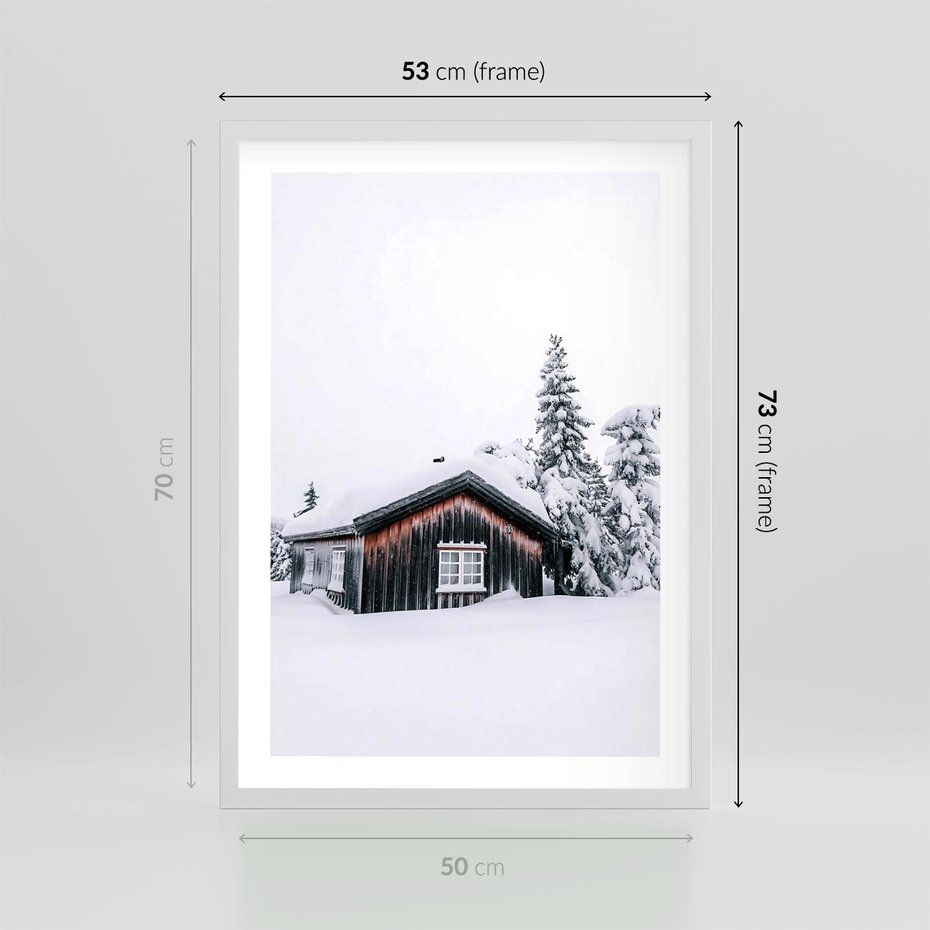 Plakat w ramie 50x70 - Zimowy Azyl: Domek w Górach - domek w górach, śnieg - rama biała