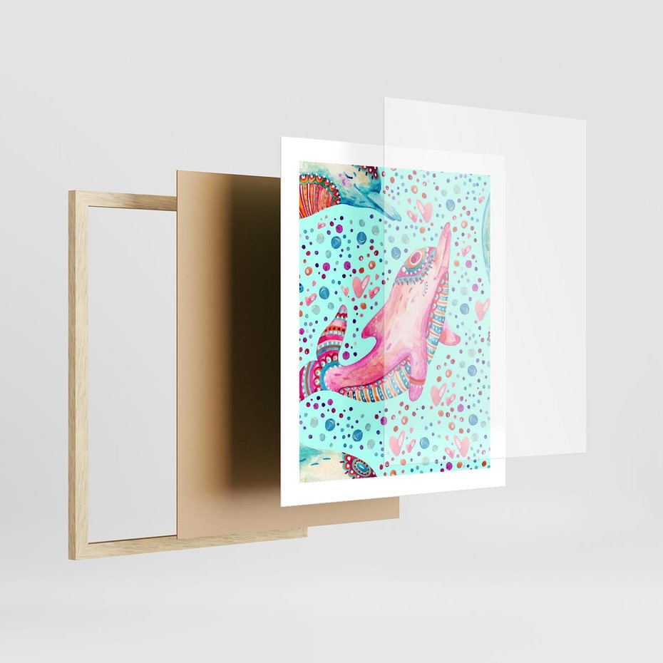 Plakat w ramie 40x50 - Lekkość W Ruchu - delfin, akwarela - rama drewno