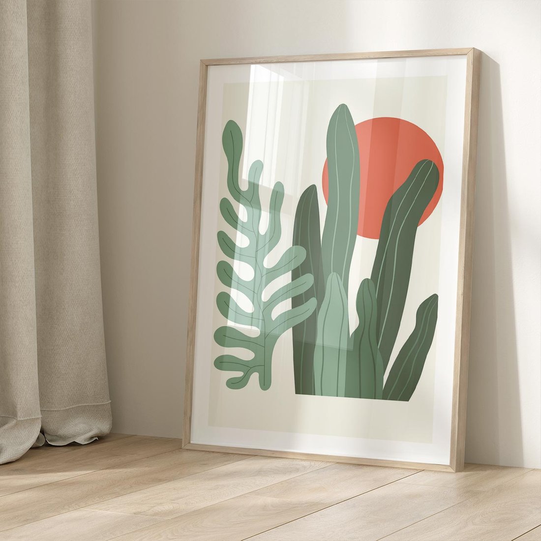 Plakat w ramie 30x40 - Graficzna Harmonia: Liście i Rośliny na Plakacie - liście, grafika - rama drewno