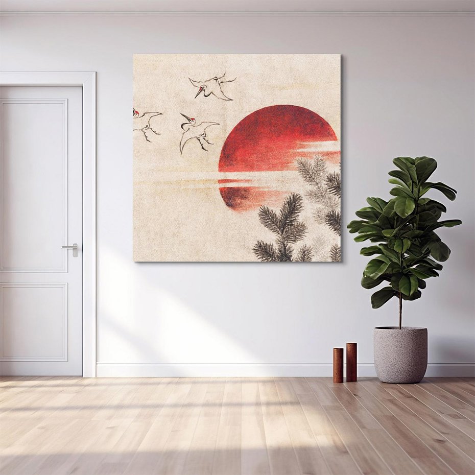 Obraz na płótnie 30x30 - "Birds and sunset" Katsushiki Hokusai - Reprodukcja - reprodukcja, obraz na płótnie