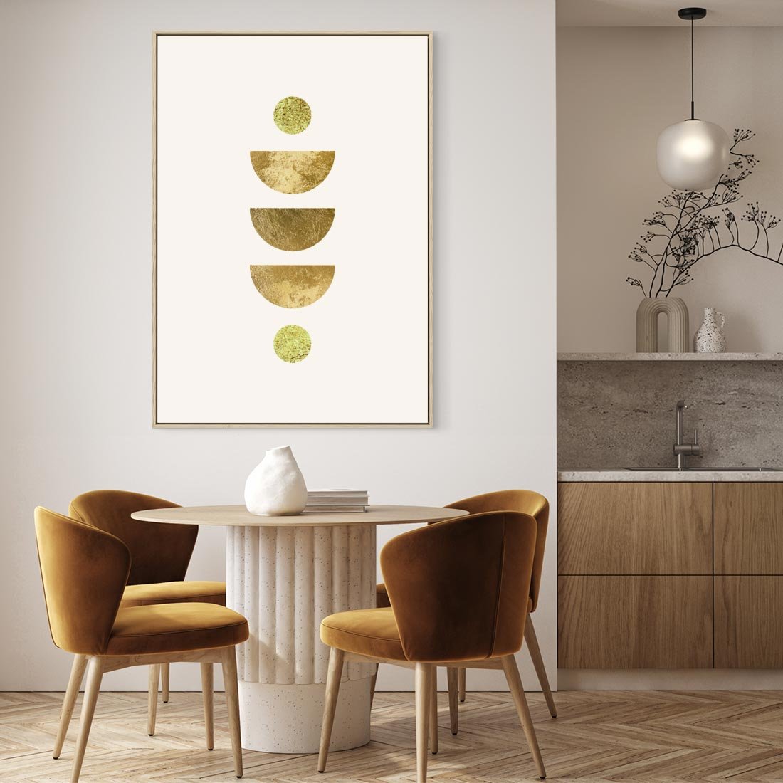 Obraz w ramie 50x70 - Harmonijne Odbicia - geometryczne złote kształty, tekstura - rama drewno