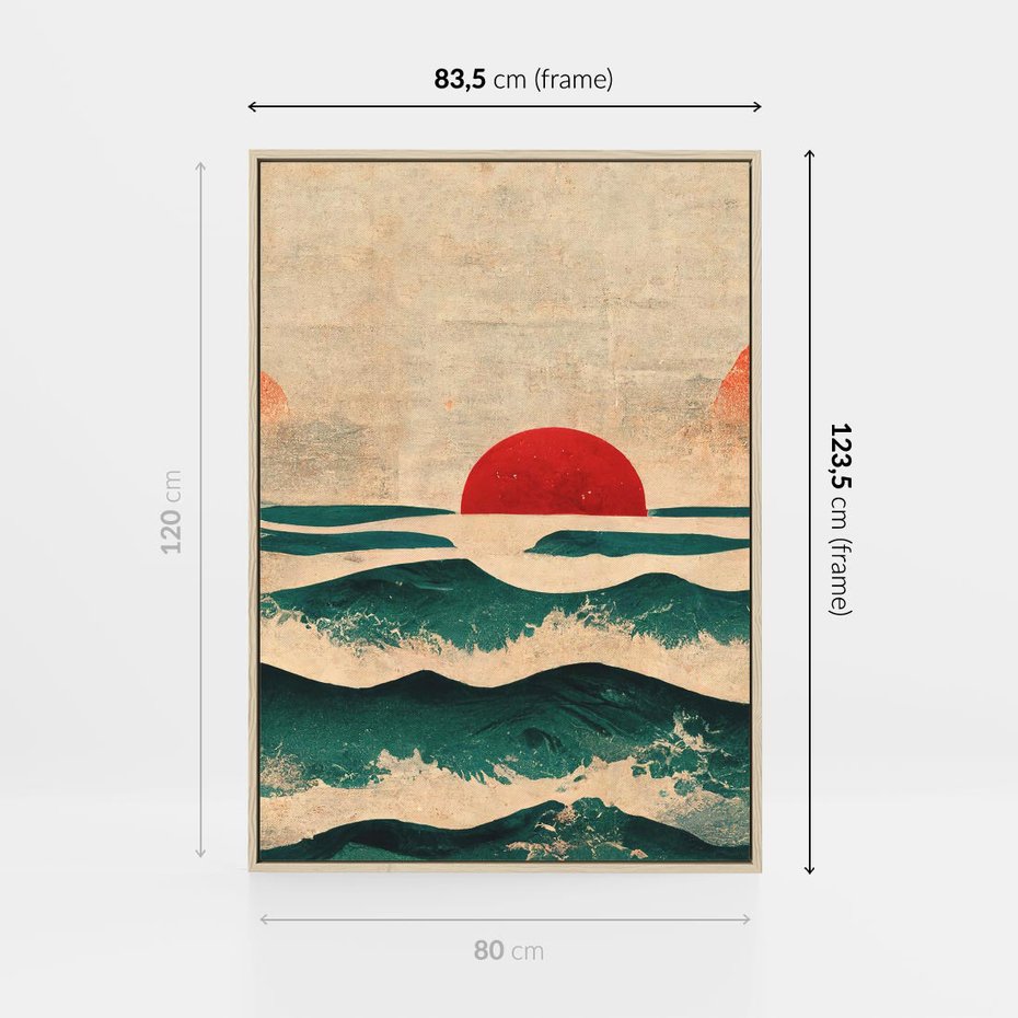 Obraz w ramie 80x120 - Czerwone Melodie - japońska sztuka, zachód słońca nad oceanem - rama drewno