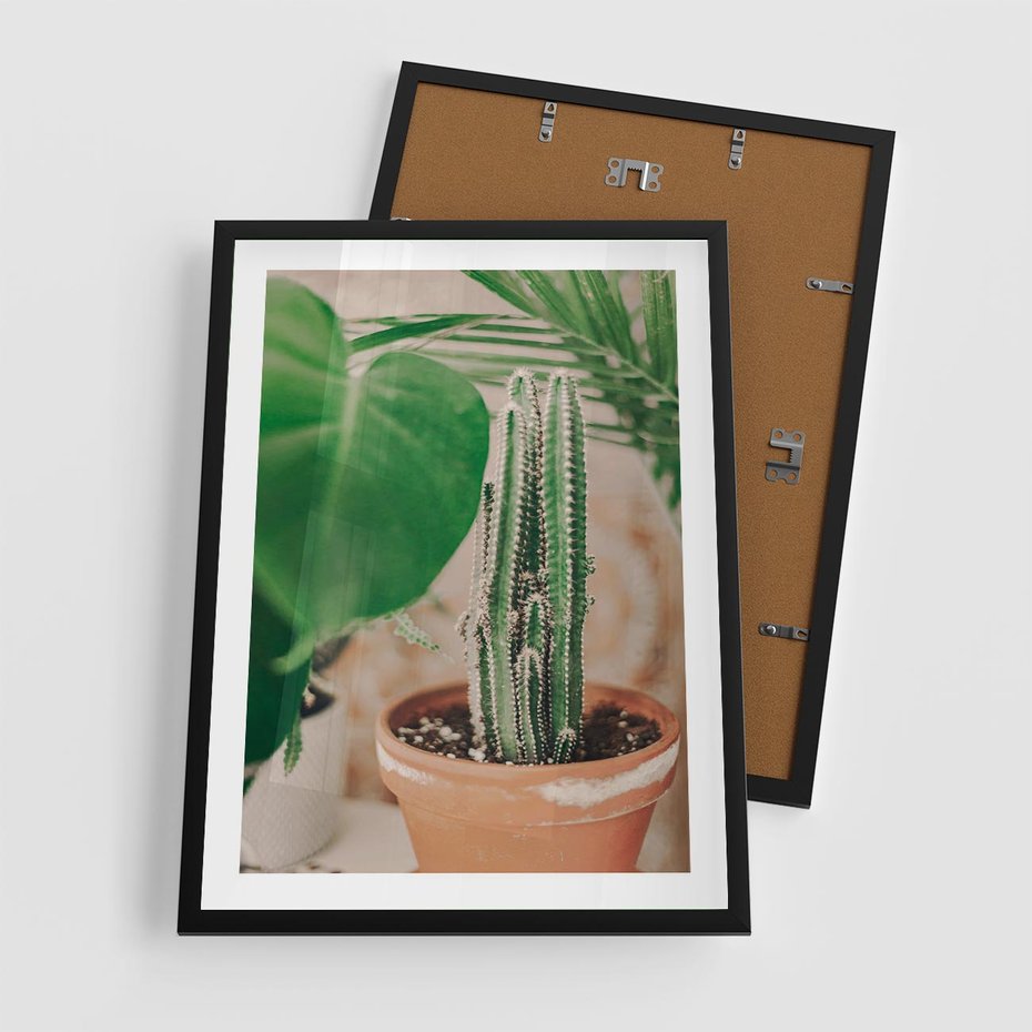 Plakat w ramie 50x70 - Boho Urok - kaktus w doniczce, gliniana doniczka - rama czarna