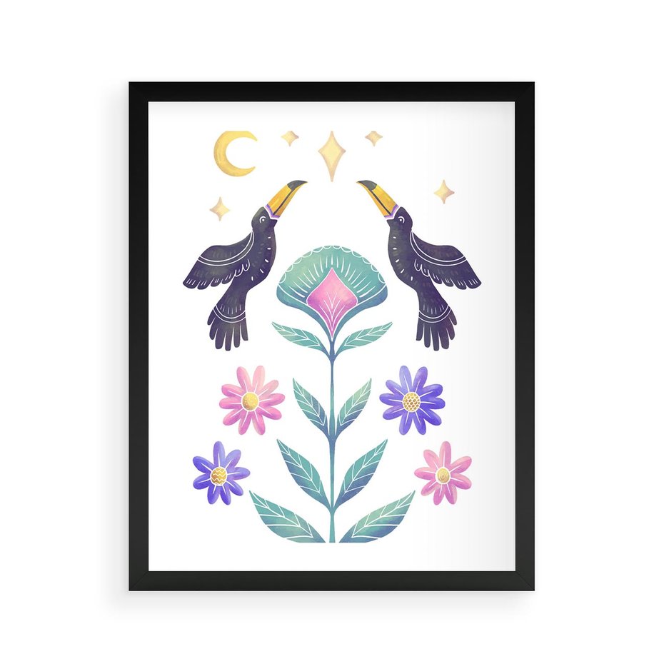 Plakat w ramie 40x50 - Przenikająca Dżungla - boho plakat, tukany - rama czarna